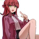  1girl :o arm_at_side bangs black_shorts breasts collared_shirt dress_shirt feet_out_of_frame flipped_hair green_eyes half_updo hand_up index_finger_raised katori_youko knee_up long_sleeves looking_at_viewer medium_hair nana_0253 open_clothes open_mouth open_shirt purple_shirt red_hair shirt shorts simple_background sitting small_breasts solo undershirt white_background white_shirt world_trigger 