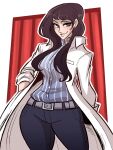  1girl absurdres belt brown_eyes brown_hair coat denim earrings grin highres ichinose_kuon jeans jewelry long_hair pants persona_5_scramble:_the_phantom_strikers scruffyturtles shirt smile striped striped_shirt thick_thighs thighs wide_hips 