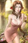  1girl aerith_gainsborough bangle bare_shoulders blush bracelet braid braided_ponytail breasts choker church cleavage dress final_fantasy final_fantasy_vii final_fantasy_vii_remake flower flower_basket flower_bed flower_choker green_eyes hair_ribbon highres holding holding_flower jewelry long_hair medium_breasts parted_lips pink_dress pink_flower pink_ribbon ragecndy ribbon short_dress sidelocks smile solo spaghetti_strap teeth upper_teeth wavy_hair white_flower yellow_flower 