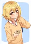  1girl bag bangs blonde_hair blue_background blush border brown_eyes candy cellphone collared_shirt commentary_request food highres hitoribocchi_no_marumaru_seikatsu holding holding_bag holding_phone kurisu-kun lollipop long_sleeves mole mole_under_eye mouth_hold phone shiny shiny_hair shirt short_hair solo sunao_nako sweater upper_body white_border white_shirt yellow_sweater 