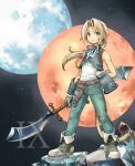 1boy aqua_eyes bangs bare_shoulders belt blonde_hair blue_vest boots crystal final_fantasy final_fantasy_ix frilled_shirt_collar frills full_body full_moon gloves green_pants hand_on_hip holding holding_weapon long_hair looking_at_viewer low_ponytail male_focus mare_(pixiv) monkey_tail moon neck_ribbon night night_sky outdoors pants parted_bangs ribbon saber_(weapon) shirt sky sleeveless sleeveless_shirt solo standing star_(sky) starry_sky sword tail vest weapon white_shirt zidane_tribal 