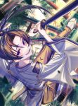  1boy absurdres blurry blurry_background brown_hair day gekka3539 highres hojo_tokiyuki holding holding_sword holding_weapon looking_at_viewer nigejozu_no_wakagimi outdoors ponytail purple_eyes smile sunlight sword torii weapon wide_sleeves 