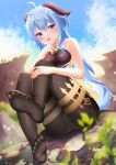  1girl absurdres ahoge bangs bare_arms bell black_leotard black_pantyhose blue_hair blurry blush bodystocking bodysuit breasts cg_xiao_baishu crotch crotch_seam depth_of_field feet ganyu_(genshin_impact) genshin_impact gradient_sky highres horns knees_up leotard leotard_under_clothes long_hair looking_at_viewer low_ponytail medium_breasts neck_bell no_gloves no_shoes open_mouth outdoors pantyhose purple_eyes sidelocks sitting sky sleeveless smile soles solo thighs 