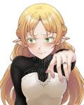  1girl artist_request black_sweater blonde_hair blush breasts commentary_request ear_blush elf fingernails green_eyes highres isekai_ojisan jewelry long_hair looking_to_the_side medium_breasts nail_polish outstretched_hand pink_nails pointy_ears solo sui_(isekai_ojisan) sweater turtleneck turtleneck_sweater upper_body white_background 