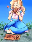  1980s_(style) 1girl ^_^ alice_margatroid alice_margatroid_(pc-98) bad_id bad_pixiv_id blonde_hair blue_skirt chocolate closed_eyes cookie day eating food hair_ribbon happy heart highres medium_hair open_mouth outdoors puffy_short_sleeves puffy_sleeves retro_artstyle ribbon seiza shirt short_sleeves sitting skirt socks solo suspender_skirt suspenders takemoto_izumi_(style) touhou touhou_(pc-98) white_shirt white_socks yatyou 