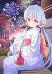  1girl aerial_fireworks bangs blush closed_mouth commentary_request fireworks grey_hair hair_between_eyes japanese_clothes kimono lantern long_hair long_sleeves low_twintails night night_sky obi on_bench original outdoors paper_lantern pinching_sleeves red_eyes sash sitting sky sleeves_past_wrists solo twintails very_long_hair white_kimono wide_sleeves yuuki_rika 