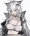  1girl :p animal_ears arknights arm_across_waist bangs black_coat breasts cleavage coat collarbone green_eyes grey_hair hair_between_eyes hair_ornament hairclip hand_up highres lappland_(arknights) large_breasts licking licking_finger long_hair looking_at_viewer open_clothes open_coat scar scar_across_eye scar_on_face solo strapless tongue tongue_out tube_top upper_body very_long_hair wolf_ears 