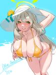  1girl bent_over bikini blue_archive blush breasts cleavage collarbone green_eyes grin hair_between_eyes halo hat highres kare_huang large_breasts light_brown_hair long_hair looking_at_viewer nonomi_(blue_archive) nonomi_(swimsuit)_(blue_archive) smile solo sun_hat swimsuit white_headwear yellow_bikini 