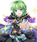  1girl :d absurdres belt belt_buckle blue_eyes buckle cape cloak fire_emblem fire_emblem:_the_blazing_blade fire_emblem_heroes green_hair hairband highres kakiko210 long_sleeves nino_(fire_emblem) official_alternate_costume open_mouth purple_hairband short_hair smile solo sparkle upper_body 