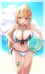 absurdres adapted_costume bangs blonde_hair breasts chest_jewel cleavage headpiece highres large_breasts long_hair mythra_(xenoblade) ponytail swept_bangs taro_(peach_taro51) thigh_strap tiara very_long_hair xenoblade_chronicles_(series) xenoblade_chronicles_2 yellow_eyes 
