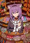  1girl absurdres ahoge animal_ears bangs breasts candy candy_store cat_ears cat_girl chun_1234567 food hairband highres hololive jar lollipop looking_at_viewer nekomata_okayu purple_eyes purple_hair sailor_collar shop smile solo virtual_youtuber 