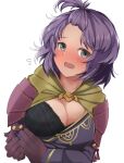  1girl armor bernadetta_von_varley black_bra blush bra breasts clothes_pull commentary_request dress_pull fire_emblem fire_emblem:_three_houses fire_emblem_warriors:_three_hopes flying_sweatdrops front_ponytail gloves grey_eyes highres large_breasts medium_hair official_alternate_costume official_alternate_hairstyle open_mouth purple_hair shoulder_armor simple_background solo topknot toshimasa_(ztvy3575) underwear upper_body white_background 