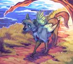  2022 avian bird canid canine canis day detailed_background digital_media_(artwork) domestic_dog feathered_wings feathers feral grass hoot_(disambiguation) hybrid male mammal outside plant solo wings 