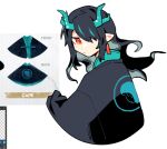  1girl alternate_costume aqua_hair arknights bangs bitey_(arknights) black_capelet black_hair capelet commentary dusk_(arknights) hair_over_one_eye horns long_hair looking_at_viewer orange_eyes pointy_ears solo vento 