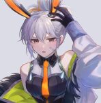  1girl :o animal_ears bangs bare_shoulders battle_bunny_prime_riven black_gloves brown_eyes fake_animal_ears fur-trimmed_jacket fur_trim gloves grey_background grey_hair grey_jacket hair_between_eyes highres jacket kaedetou league_of_legends long_sleeves multicolored_hair necktie open_mouth orange_hair orange_necktie ponytail riven_(league_of_legends) short_hair simple_background solo two-tone_hair 