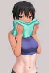  1girl bare_shoulders black_hair blush breasts brown_background brown_eyes hashi holding holding_towel medium_breasts navel one-piece_tan original short_hair simple_background solo sports_bra stomach tan tanlines toned towel upper_body wiping_sweat 