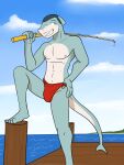  anthro asian_clothing clothed clothing east_asian_clothing facial_hair fish fishing_rod fundoshi fundoshi_only fuze hi_res holding_fishing_rod japanese_clothing male marine mustache navel nipples sea shark solo step_pose topless underwear underwear_only water 