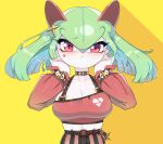  2022 bottomwear breasts clothed clothing drunk_oak female front_view green_hair hair humanoid midriff nintendo pok&eacute;mon simple_background topwear video_games white_body white_skin yellow_background 