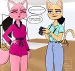  anthro bottomwear camera clothed clothing dialogue digital_media_(artwork) domestic_cat duo english_text eyes_closed fangs felid feline felis female fur hi_res holding_camera holding_object jill_(lexibeetz) lexi_beetz lexibeetz mammal mostly_nude open_mouth pants photographer pink_body pink_clothing pink_fur ring robe robe_only shirt smile speech_bubble standing teeth text topwear 