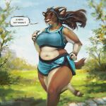  anthro belly blue_bottomwear blue_clothing blue_eyes blue_hair blue_topwear bottomwear brown_body brown_ears brown_fur brown_hair brown_horn brown_tail clothing cyrillic_text female fur hair hi_res horn inner_ear_fluff jogging lostgoose multicolored_hair navel open_mouth outside plant shrub slightly_chubby solo speech_bubble tan_body tan_fur text topwear translation_request tuft two_tone_hair wavy_hair white_inner_ear_fluff 