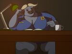  2019 anthro big_breasts book bovid bovine breasts cape_buffalo chief_bogo cleavage clothed clothing coffee_mug container crossgender cup desk disney female furniture furniture_lamp hand_on_face holding_object holding_pen horn looking_at_viewer mammal name_tag oystercatcher7 panties pen pencil_(object) police police_badge police_officer police_uniform sitting solo steam table thick_thighs underwear uniform zootopia 