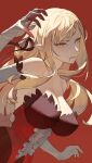  1girl bangs bare_shoulders blonde_hair blood blood_from_mouth breasts cleavage dress elbow_gloves gloves hair_ribbon kiss-shot_acerola-orion_heart-under-blade kizumonogatari large_breasts licking_lips long_hair looking_at_viewer monogatari_(series) pointy_ears red_dress ribbon solo strapless strapless_dress timbougami tongue tongue_out vampire very_long_hair yellow_eyes 