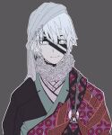  1boy closed_mouth facepaint facial_mark fur_trim grey_background grey_headwear hair_between_eyes highres male_focus original outline patterned patterned_clothing simple_background smile solo tabletop_rpg upper_body white_eyes white_hair white_outline yumeno_ochawan 