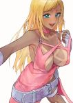  1girl blonde_hair breasts clothes_lift clothes_pull dark_skin fatal_fury garou:_mark_of_the_wolves green_eyes highres jenet_behrn looking_at_viewer oni_gini pulled_by_self smile snk solo tan tanlines the_king_of_fighters the_king_of_fighters_xv 
