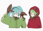 2girls :/ black_outline blue_eyes brown_gloves cable closed_mouth cropped_torso expressionless facepaint facing_viewer gloves green_eyes green_hair green_jacket gumi hair_between_eyes hands_on_own_cheeks hands_on_own_face hands_up hatsune_miku head_tilt headphones highres hood hood_up hoodie jacket jans_1122 matryoshka_(vocaloid) multiple_girls outline pale_skin red_eyes red_hoodie ringed_eyes short_twintails side-by-side sideways_glance simple_background single_vertical_stripe smile track_jacket tsurime twintails vocaloid white_background yellow_eyes zipper 