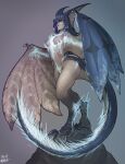  1girl absurdres blue_background blue_hair blue_horns blue_skin blue_wings brown_wings claws colored_skin completely_nude digitigrade dragon dragon_girl dragon_tail dragon_wings full_body glowing glowing_eyes gradient gradient_background grey_scales grey_skin highres horns legiana long_hair looking_at_viewer monster_girl monster_hunter:_world monster_hunter_(series) muhut nude parted_lips personification purple_background scales smile solo standing tail winged_arms wings wyvern yellow_eyes 