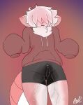  anthro arthropod beebreal blue_mouth blush bodily_fluids bottomwear boy_shorts clothed clothing covered_eyes crustacean domestic_cat embarrassed felid feline felis fur genital_fluids girly hair hi_res hoodie hybrid long_sleeves male mammal marine neck_tuft omorashi open_mouth peeing pink_body pink_fur pink_hair scales shorts shrimp simple_background spip(beebreal) topwear tuft underwear urine watersports wet wet_body wet_clothing wet_fur wetting 