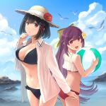  2girls ass back ball beach beachball belly bikini bird black_bikini black_hair blue_sky bow breasts brown_eyes cloud cloudy_sky cowboy_shot day flower frilled_bikini frills gradient_hair haguro_(kancolle) haguro_kai_ni_(kancolle) hair_bow hair_flower hair_ornament hat hat_flower highres kamikaze_(kancolle) kantai_collection long_hair long_sleeves looking_at_viewer looking_to_the_side medium_breasts multicolored_hair multiple_girls outdoors pink_hair purple_eyes purple_hair red_bikini ribbon rock seagull shirt short_hair sky smile sun_hat swimsuit swimsuit_under_clothes tomoyo_kai water white_shirt yellow_bow yellow_ribbon 