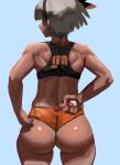  1girl adjusting_clothes adjusting_shorts arm_behind_back ass back bare_arms bare_shoulders bea_(pokemon) blue_background cowboy_shot dark-skinned_female dark_skin facing_away from_behind gym_shorts hairband highres holding holding_poke_ball midriff poke_ball poke_ball_(basic) pokemon pokemon_(game) pokemon_swsh shorts simple_background skindentation solo sports_bra sportswear toned ytrall 