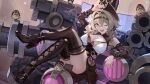 1girl :d asc11 bangs boots breasts brown_footwear brown_hair brown_sleeves cleavage cleavage_cutout clothing_cutout crossed_legs detached_sleeves full_body hat headband highres honkai_(series) honkai_impact_3rd large_breasts long_hair looking_at_viewer mecha one_eye_closed open_mouth purple_eyes robot sitting sleeveless sleeveless_jacket smile solo thigh_boots thighs top_hat vill-v 