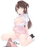  1boy 1girl absurdres bangs black_socks blush bow bowtie breasts brown_eyes brown_hair censored clothes_lift collared_shirt commentary_request disembodied_limb disembodied_penis erection full_body hair_ribbon highres lifted_by_self long_hair looking_at_viewer male_masturbation masturbation medium_breasts miniskirt mosaic_censoring nipples no_bra one_side_up open_clothes open_shirt original parted_lips penis pink_bow pink_bowtie pink_ribbon pink_skirt pleated_skirt pov pussy ribbon school_uniform shiny shiny_hair shirt shirt_tucked_in short_sleeves sidelocks simple_background sitting skirt skirt_lift socks solo_focus spread_legs sweat teeth translation_request uncensored usagiplanet7 wariza white_background white_shirt 