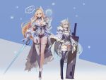  2girls blonde_hair breasts cleavage crown deadman_(artist) height_difference high_heels highres long_hair looking_at_viewer multiple_girls open_mouth original pointy_ears short_shorts shorts simple_background smjim1986 sword thighhighs thighs weapon white_hair 