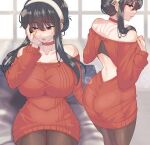  1girl ass back_cutout bangs bare_shoulders black_hair blush breasts choker clothing_cutout collarbone dress highres large_breasts long_sleeves medium_hair multiple_views off-shoulder_sweater off_shoulder pantyhose parted_lips red_choker red_eyes red_sweater spy_x_family sweater sweater_dress thighs wakura_(gcdan) yor_briar 