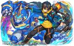  1boy armor bangs black_hair blue_eyes blue_jacket brown_pants drawing_tablet hair_between_eyes holding holding_stylus hood hoodie jacket male_focus mecha multicolored_hair ninnin_(shishitou) official_art orange_footwear orange_hair pants puzzle_&amp;_dragons robot shoes shoulder_armor sneakers streaked_hair stylus v-shaped_eyebrows yellow_hoodie 