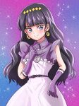  1girl absurdres black_hair blue_background breasts collared_dress cowboy_shot delicious_party_precure dress earrings gloves gradient gradient_background grey_eyes heart heart_necklace highres honogitune jewelry kasai_amane long_hair looking_at_another necklace official_alternate_costume precure purple_background purple_dress purple_gloves short_sleeves small_breasts smile solo sparkle_hair_ornament starry_background 