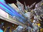  diffraction_spikes film_grain glowing glowing_eyes glowing_weapon highres holding holding_sword holding_weapon lxkate mecha no_humans original robot scratches solo sunrise_stance sword weapon wings yellow_eyes 