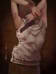  1girl blonde_hair blood breasts ericson_blum freckles gun heather_mason highres jacket miniskirt pencil_skirt short_hair silent_hill_(series) silent_hill_3 skirt sleeveless sleeveless_turtleneck solo turtleneck vest weapon wristband 