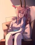  1girl animal_ears arknights bangs blue_eyes catminuo closed_mouth collarbone collared_shirt couch dress_shirt earthspirit_(arknights) english_text feet_out_of_frame hair_between_eyes hair_ornament hairclip highres horns long_hair nintendo_switch object_hug on_couch one_eye_closed pillow pink_hair shirt solo white_shirt 