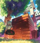  1girl architecture banner blonde_hair day door dress engineering_nonsense first_aid_kit from_below full_body grass hat highres house long_hair looking_up nurse nurse_(terraria) nurse_cap outdoors ponytail saruwash short_dress solo standing terraria trash_can tree white_dress 