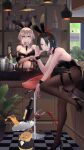  2girls animal_ears azur_lane bar between_breasts black_leotard black_necktie black_pantyhose blue_eyes bottle breasts cleavage cocktail_glass commentary_request crossed_arms cup drinking_glass fake_animal_ears fanchexingxianyu grey_hair ice_bucket large_breasts leotard looking_at_viewer manjuu_(azur_lane) midriff mole mole_on_breast multiple_girls necktie necktie_between_breasts orange_juice pantyhose playboy_bunny rabbit_ears short_hair spilling tray ulrich_von_hutten_(azur_lane) washington_(azur_lane) wine_bottle wine_glass wrist_straps yellow_eyes 