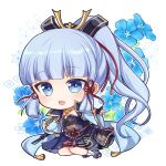  1girl arm_guards armor armored_dress bangs blue_eyes blue_flower blue_hair blue_jacket blunt_bangs breastplate bridal_gauntlets chibi commentary_request elbow_gloves floral_background flower flower_knot folded_fan folding_fan full_body genshin_impact gloves hair_ornament hair_ribbon hand_fan holding holding_fan jacket japanese_armor japanese_clothes kamisato_ayaka kote light_blue_hair long_hair looking_at_viewer maru_itsuki neck_tassel open_mouth outstretched_hand partially_fingerless_gloves ponytail ribbon smile solo tassel tress_ribbon white_background wide_sleeves 