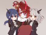  3girls :d arknights black_jacket black_skirt blue_hair blush body_fur ch&#039;en_(arknights) fur_trim furry furry_female grey_background grey_hair grey_shirt hair_ornament horns jacket long_hair long_skirt long_sleeves looking_at_viewer multiple_girls nano_mochi open_clothes open_jacket open_mouth princess_fumizuki_(arknights) purple_fur red_eyes red_hair red_skirt shirt short_hair siblings sidelocks simple_background single_horn sisters skirt smile squatting talulah_(arknights) twintails two-tone_fur white_fur yellow_eyes younger 