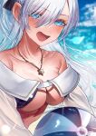  1girl :d absurdres anastasia_(fate) anastasia_(swimsuit_archer)_(fate) anastasia_(swimsuit_archer)_(third_ascension)_(fate) ball bare_shoulders beachball bikini blue_bikini blue_eyes blue_ribbon blue_sky collarbone commentary_request fate/grand_order fate_(series) hair_ribbon highres jewelry long_hair looking_at_viewer necklace ribbon sanbon_hijiki sky smile solo star_(symbol) star_necklace sweat swimsuit white_hair 
