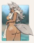  animal_ears artist_name ass bird breasts dark_skin drying drying_body grey_hair grey_tail highres large_breasts looking_at_viewer nipples original sandcasks scar tagme tail thick_thighs thighs towel wet wolf_ears wolf_girl wolf_tail yellow_eyes 