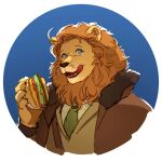  1boy america_(hetalia) animal_ears axis_powers_hetalia blue_background blue_eyes bomber_jacket burger food furrification furry furry_male glasses holding holding_food jacket licking_lips lion_boy lion_ears lion_hair littleb623 looking_at_viewer male_focus solo tongue tongue_out upper_body white_background 