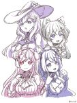  4girls :3 :d animal_ear_fluff animal_ears asymmetrical_bangs bangs bare_shoulders blue_eyes blush bow bowtie breasts cat_ears cat_girl cleavage cleavage_cutout clenched_hand clothing_cutout commentary demon_girl demon_horns flower hair_flower hair_ornament hair_ribbon hand_on_own_chest hand_up hands_on_own_cheeks hands_on_own_face hands_up hat hat_flower hina_misora horns hoshina_suzu ii_rinpu jacket kurari_rose large_breasts limited_palette long_hair looking_at_viewer medium_breasts medium_hair meme_attire multiple_girls neck_ribbon nurse_cap off_shoulder portrait purple_eyes raised_eyebrows red_eyes ribbon rose shino_laila sideways_glance signature simple_background sleeveless sleeveless_sweater smile smug sparkle_hair_ornament surprised sweater turtleneck turtleneck_sweater twitter_username upper_body v v-shaped_eyebrows virgin_killer_sweater virtual_youtuber wactor_production white_background witch witch_hat wrist_cuffs 